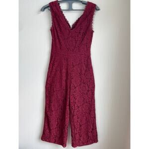 Greylin (Anthropologie) Burgundy Floral Lace Cropped Wide-Leg Jumpsuit- SZ-XS